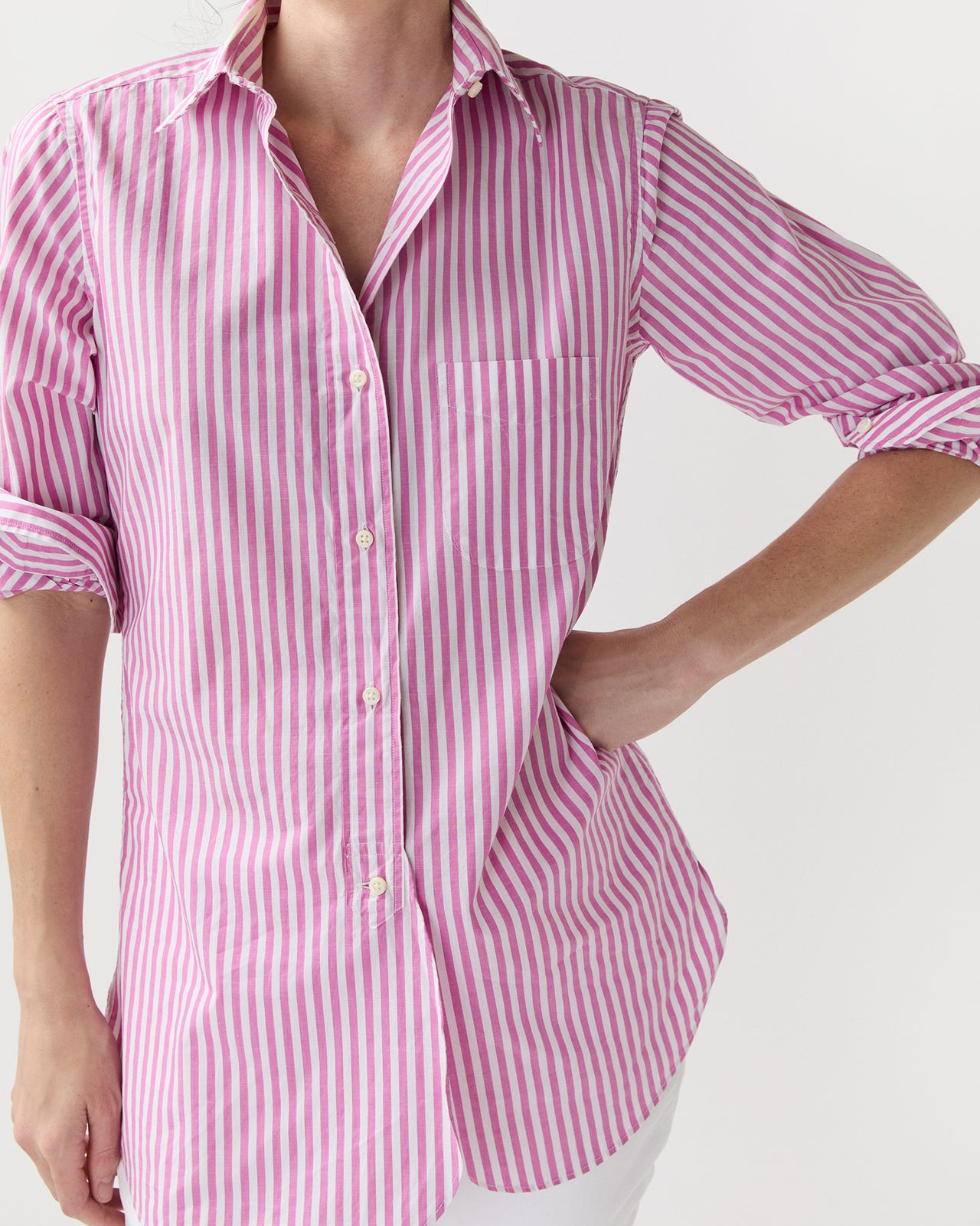 Boyfriend Shirt in Pink/White Stripe Chambray