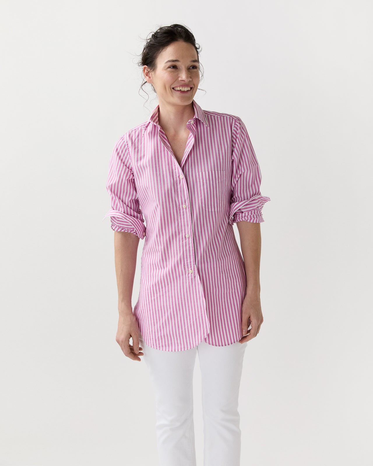 Boyfriend Shirt in Pink/White Stripe Chambray