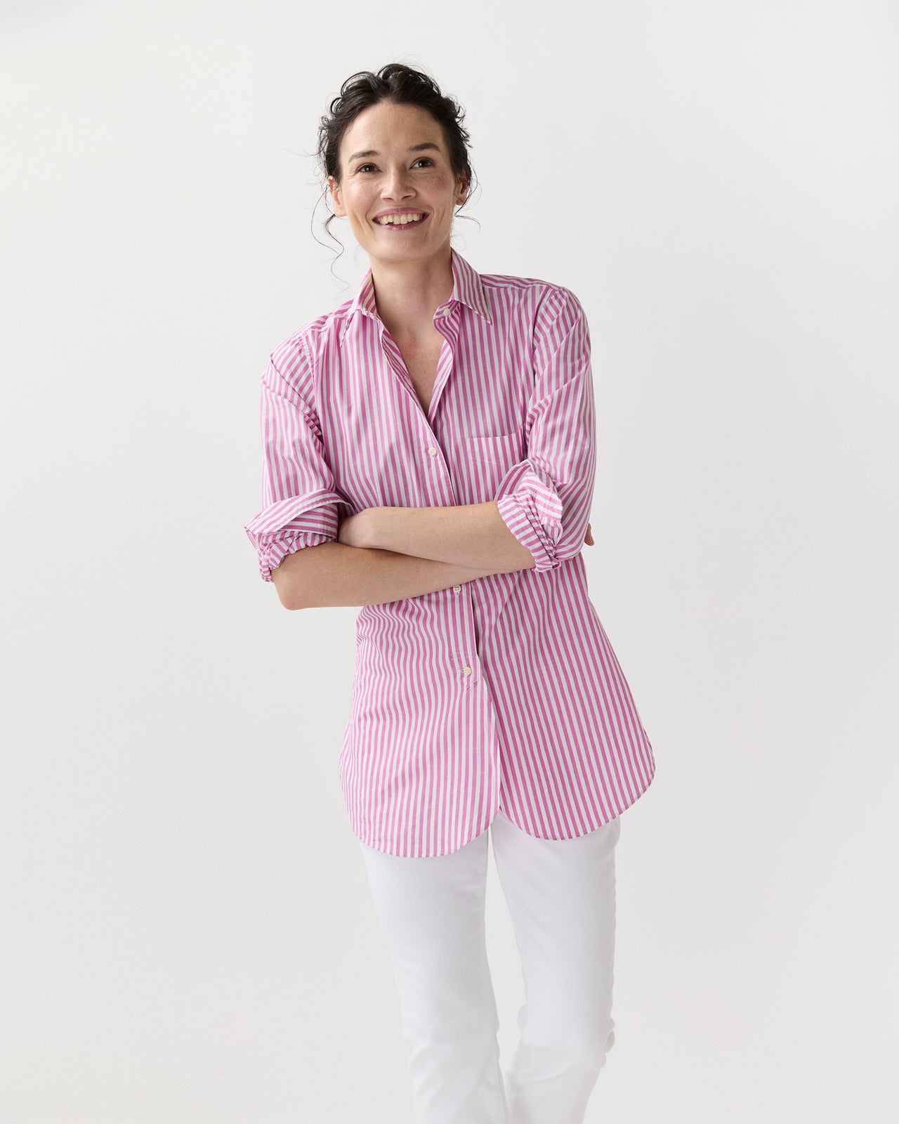 Boyfriend Shirt in Pink/White Stripe Chambray
