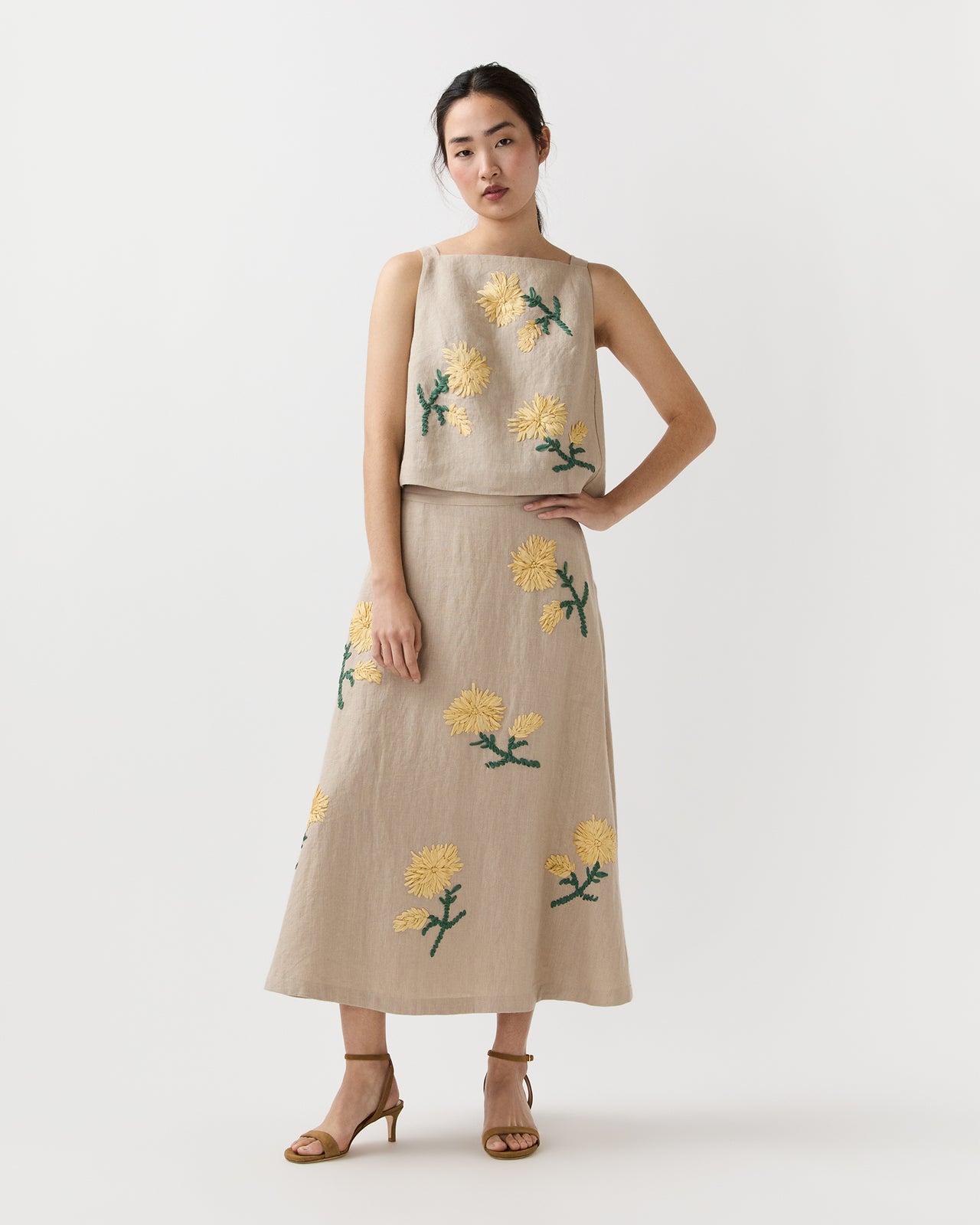 Renee Skirt in Yellow/Flax Ribbon Embroidered Linen
