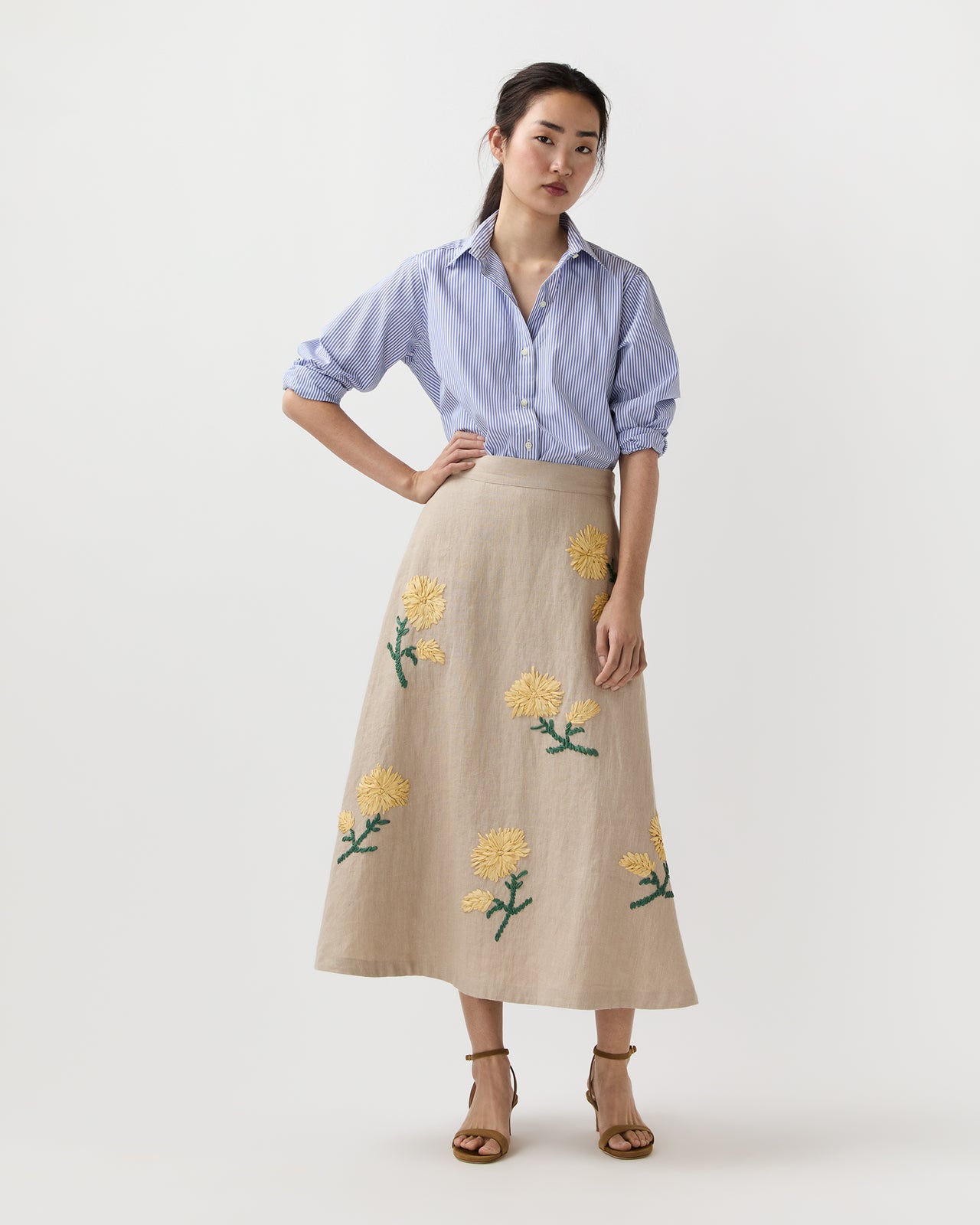 Renee Skirt in Yellow/Flax Ribbon Embroidered Linen