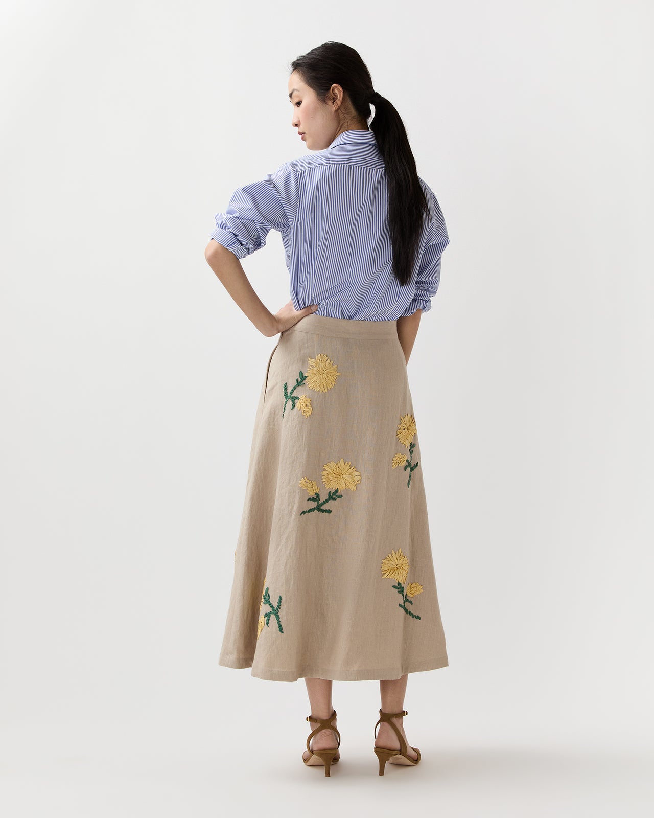 Renee Skirt in Yellow/Flax Ribbon Embroidered Linen