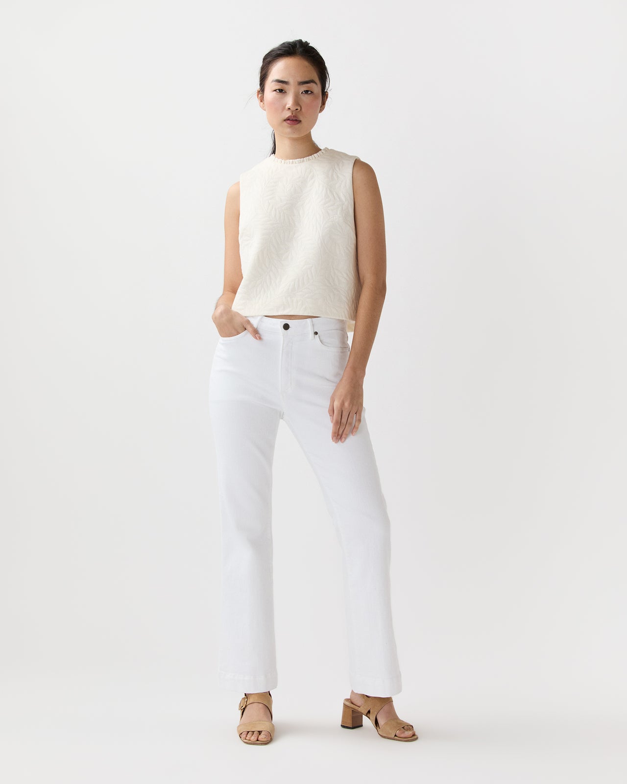 Gia Frill Shell Top in Natural Leaves Knit Jacquard