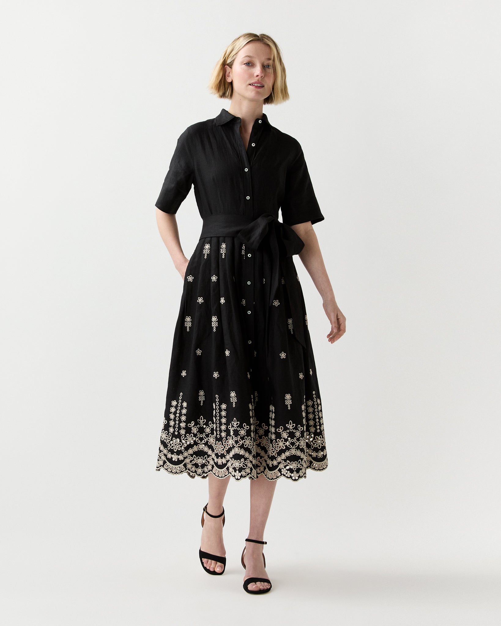 black shirtwaist dress Short-Sleeved Classic in Black/Ivory Embroidered Eyelet Chambray Solid Color Polyester Bandeau Web Collection: Birthday Girl Size:XL-XXL Large 41/33/42 XX