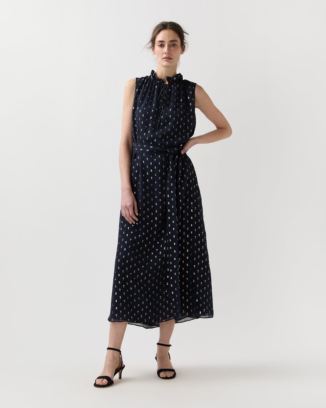 Cali Dress in Navy/Gold Metallic Fil Coupé Georgette