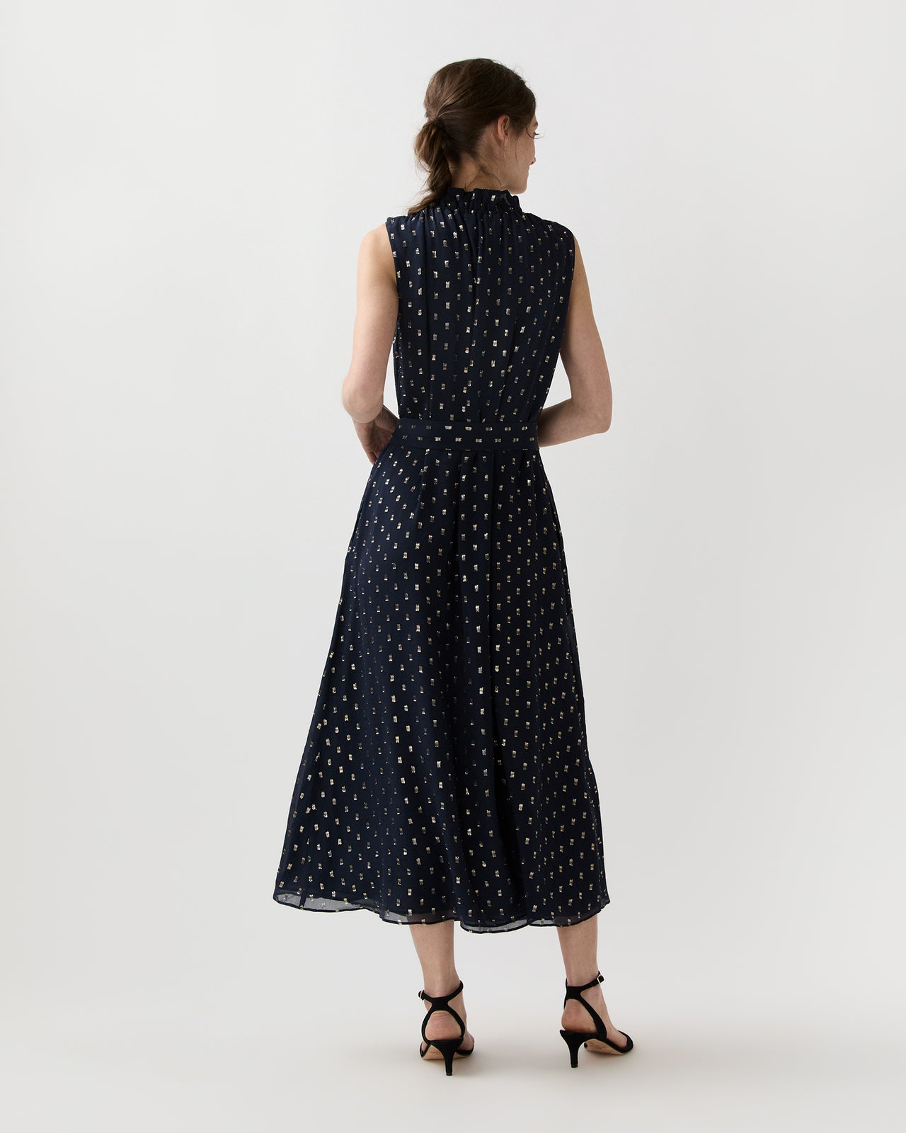 Cali Dress in Navy/Gold Metallic Fil Coupé Georgette