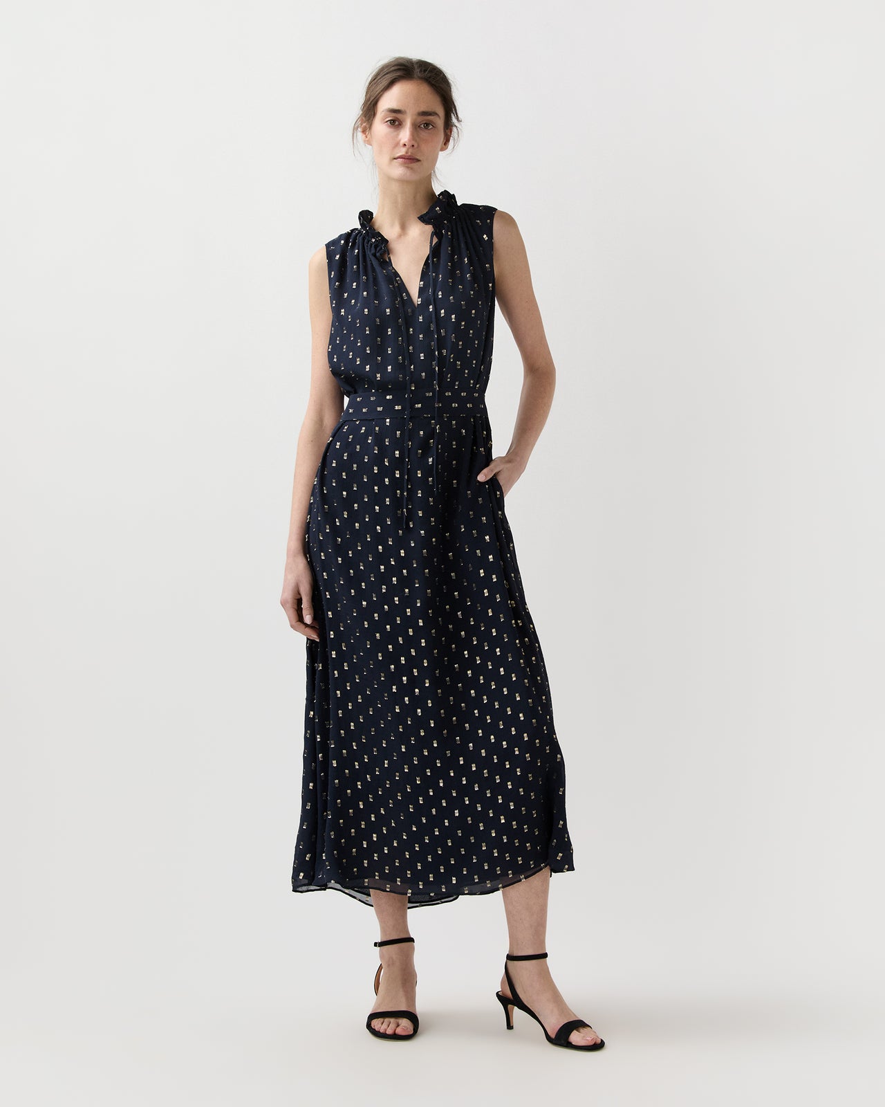 Cali Dress in Navy/Gold Metallic Fil Coupé Georgette