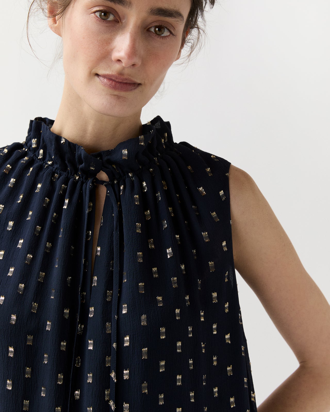 Cali Dress in Navy/Gold Metallic Fil Coupé Georgette