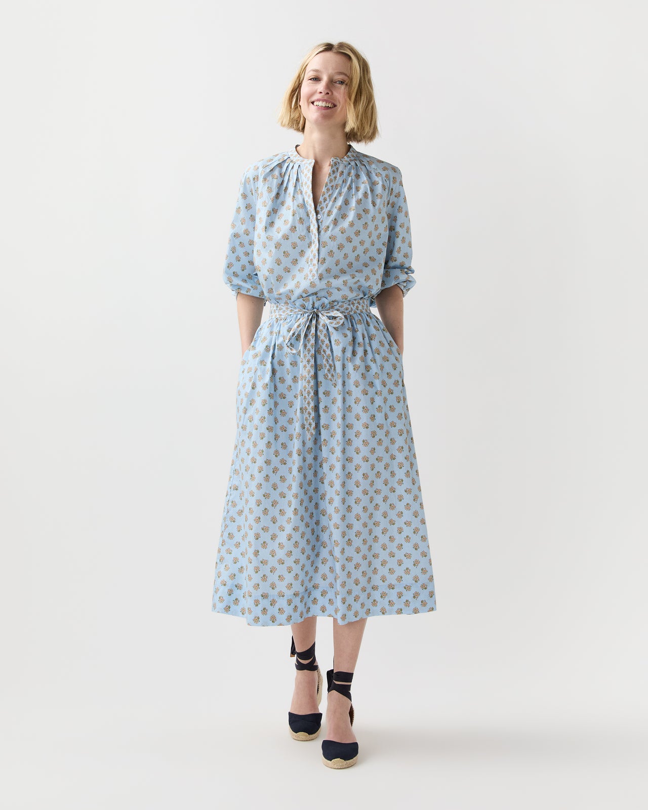 Mathilde Skirt in French Blue/Tangerine Mixed Floral Printed Poplin