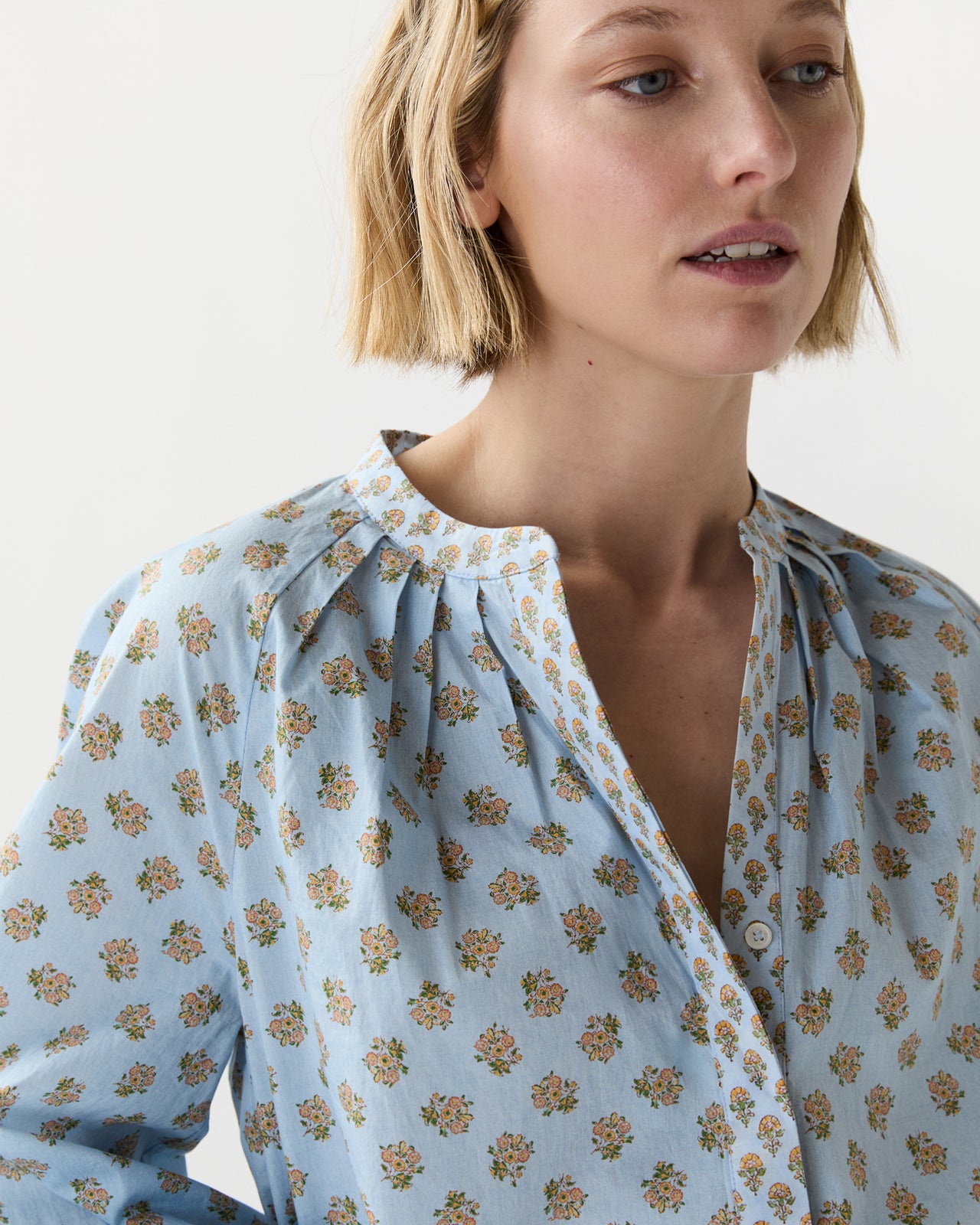 Sienna Top in French Blue/Tangerine Mixed Floral Printed Poplin