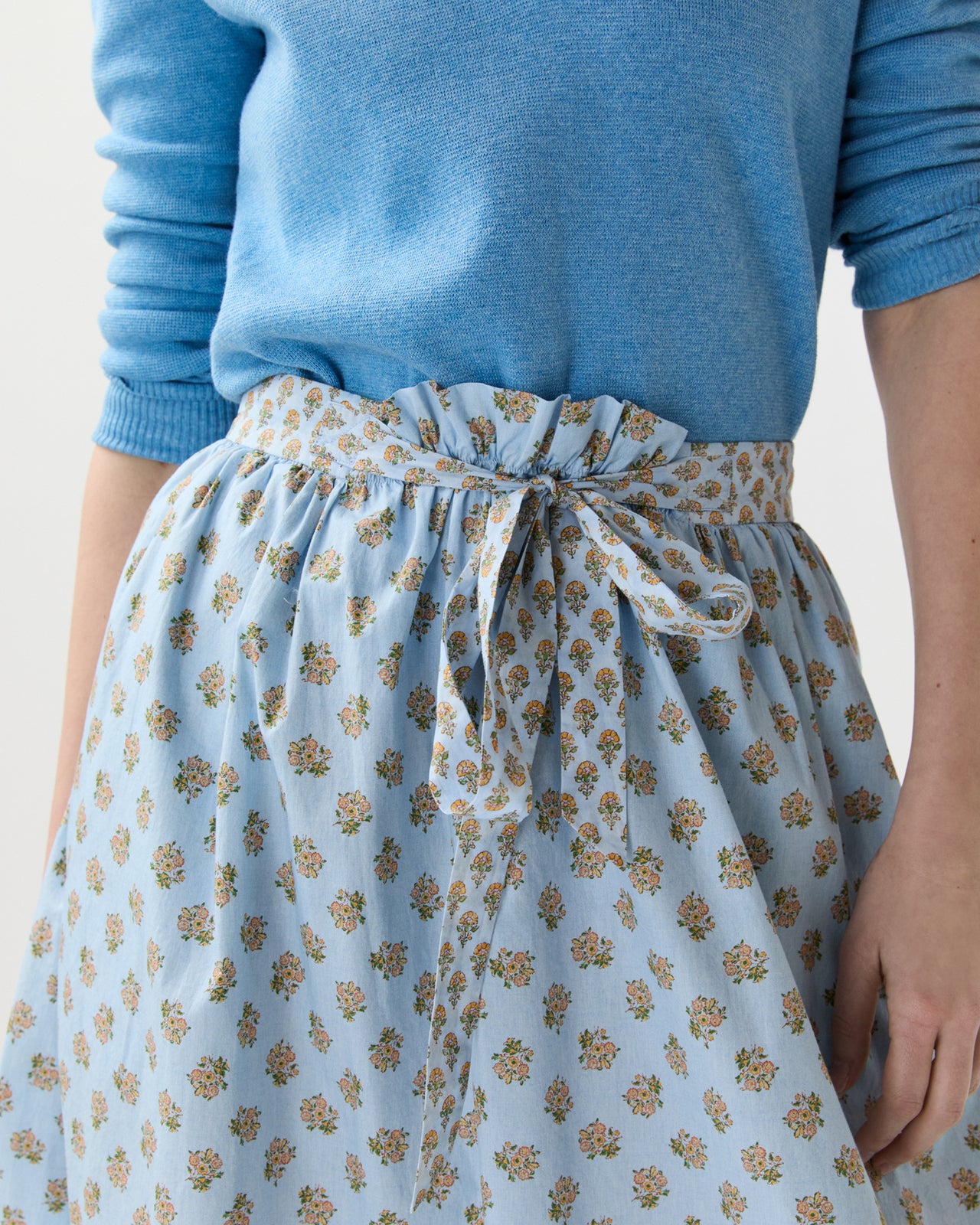 Mathilde Skirt in French Blue/Tangerine Mixed Floral Printed Poplin