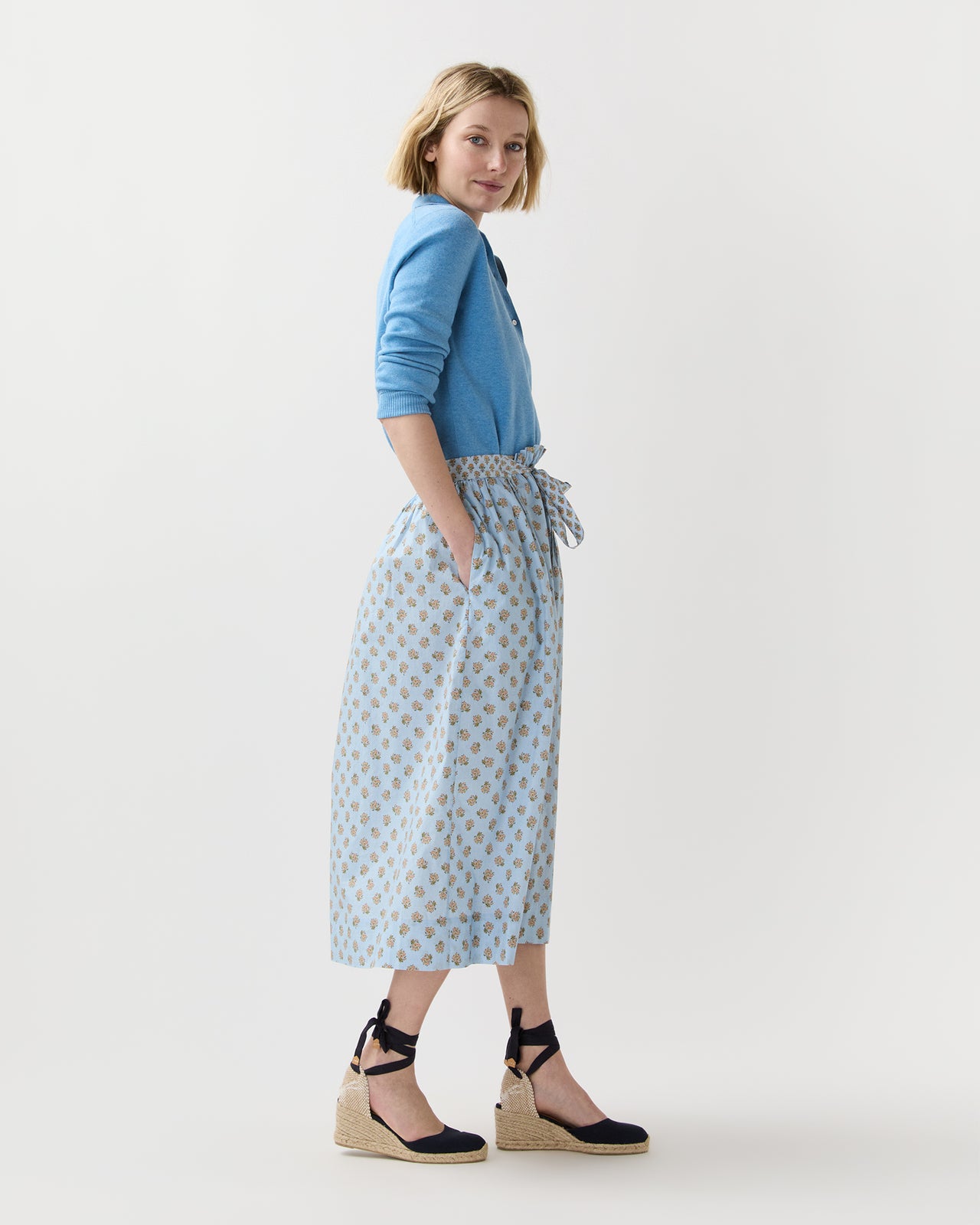 Mathilde Skirt in French Blue/Tangerine Mixed Floral Printed Poplin