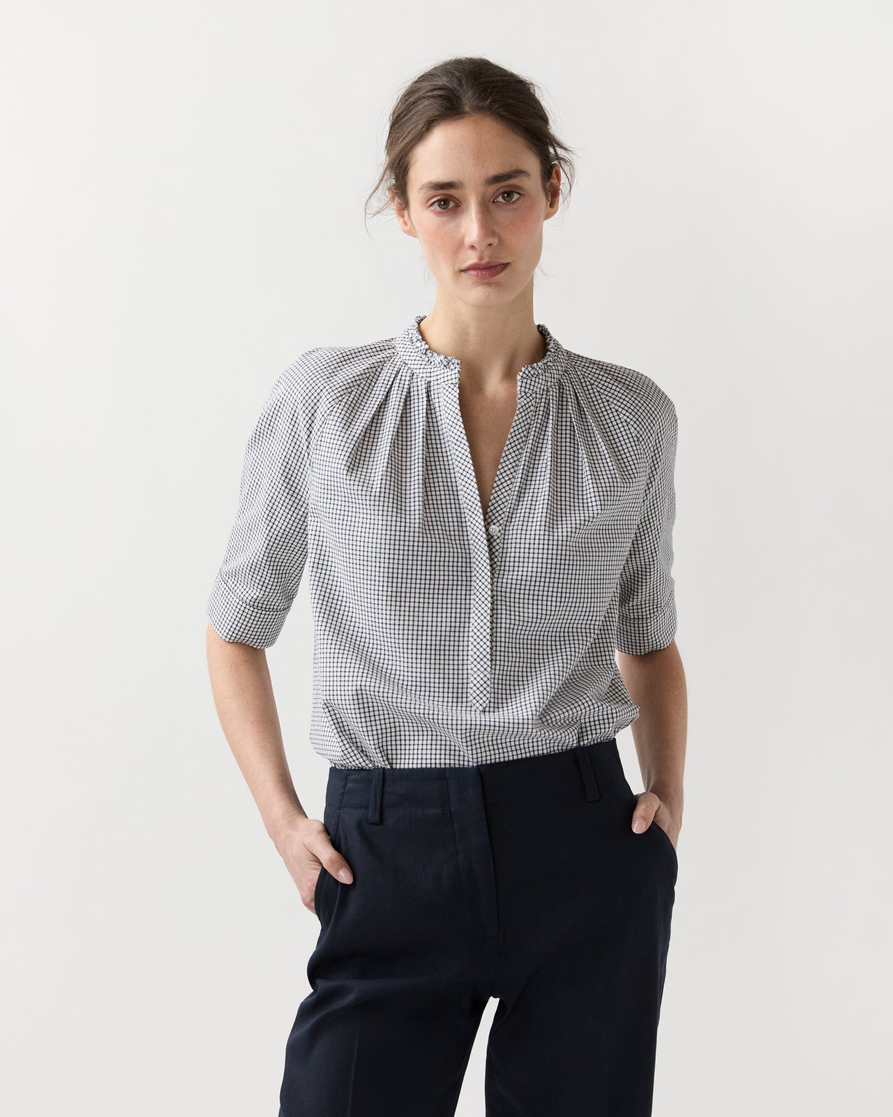 Sage Blouse in Navy/Ivory Graph Check