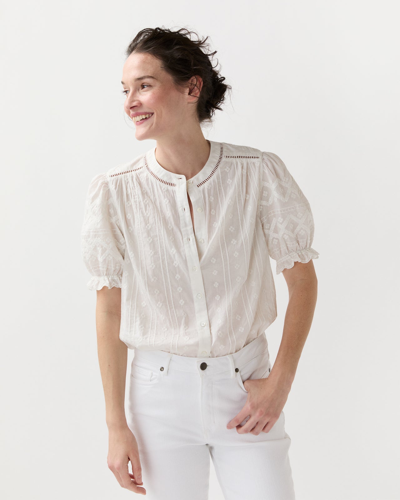 Leonie Blouse in White Embroidered Eyelet | Ann Mashburn | Shop