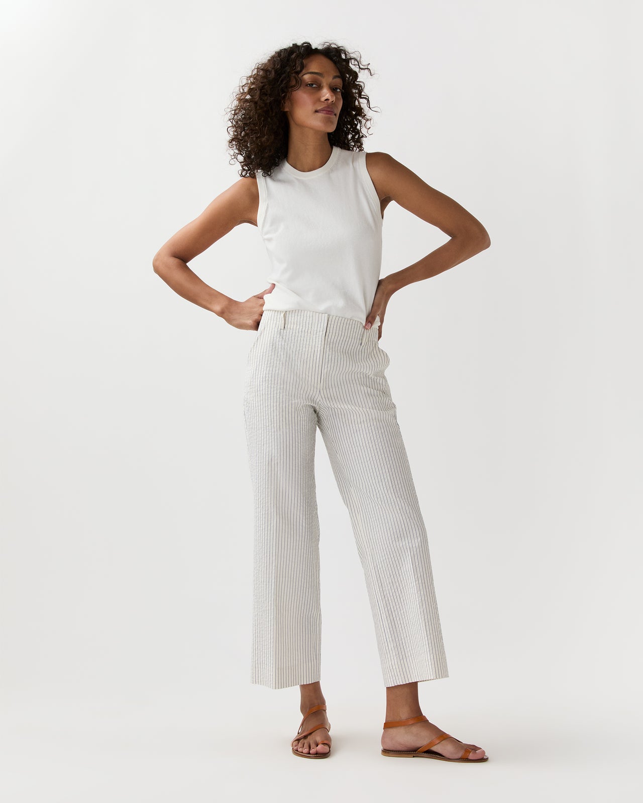 Frankie Cropped Pant in Ivory/Blue Crinkled Stripe