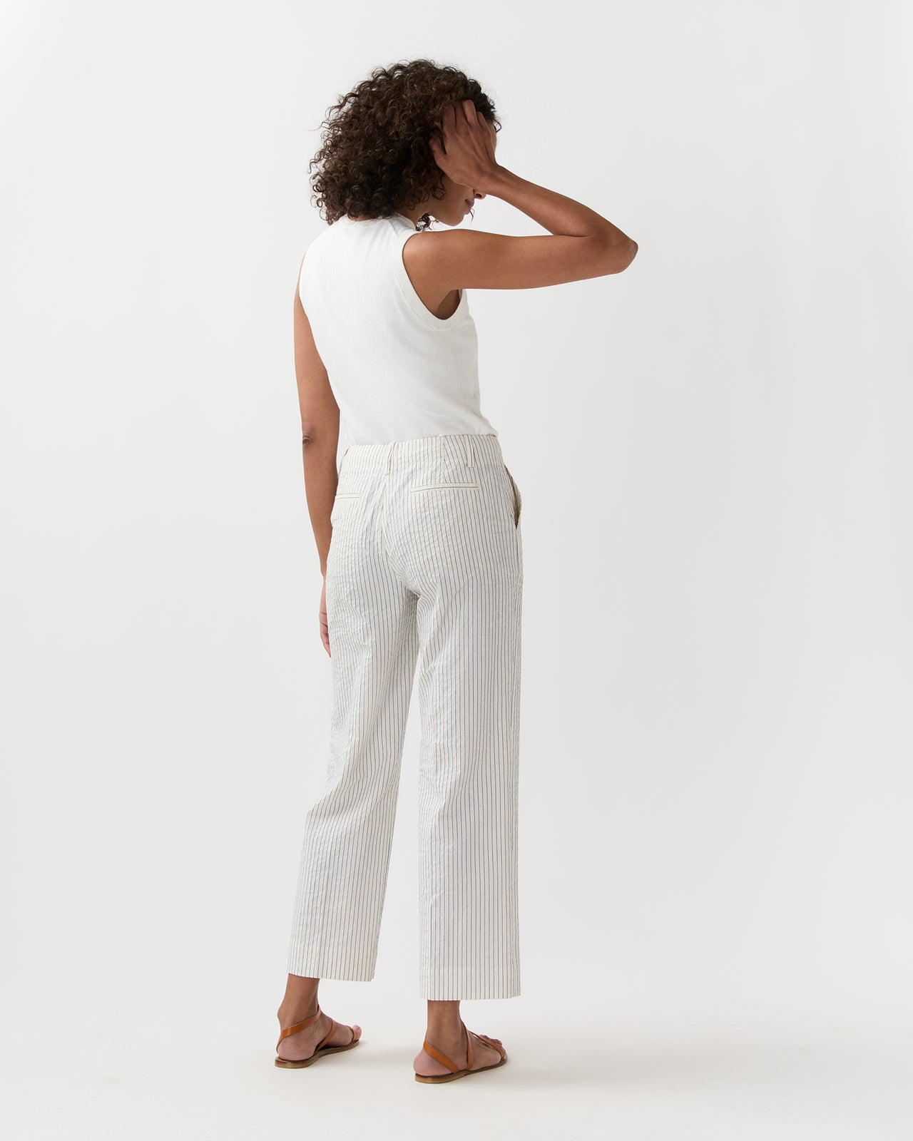 Frankie Cropped Pant in Ivory/Blue Crinkled Stripe