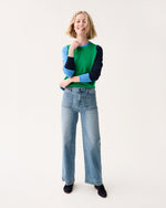 Load image into Gallery viewer, Kit Crewneck Sweater in French Blue/Green/Navy Colorblock Fine Gauge Cashmere
