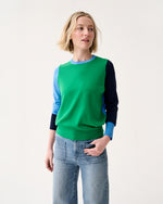 Load image into Gallery viewer, Kit Crewneck Sweater in French Blue/Green/Navy Colorblock Fine Gauge Cashmere
