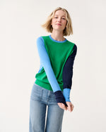 Load image into Gallery viewer, Kit Crewneck Sweater in French Blue/Green/Navy Colorblock Fine Gauge Cashmere
