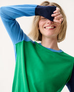 Load image into Gallery viewer, Kit Crewneck Sweater in French Blue/Green/Navy Colorblock Fine Gauge Cashmere

