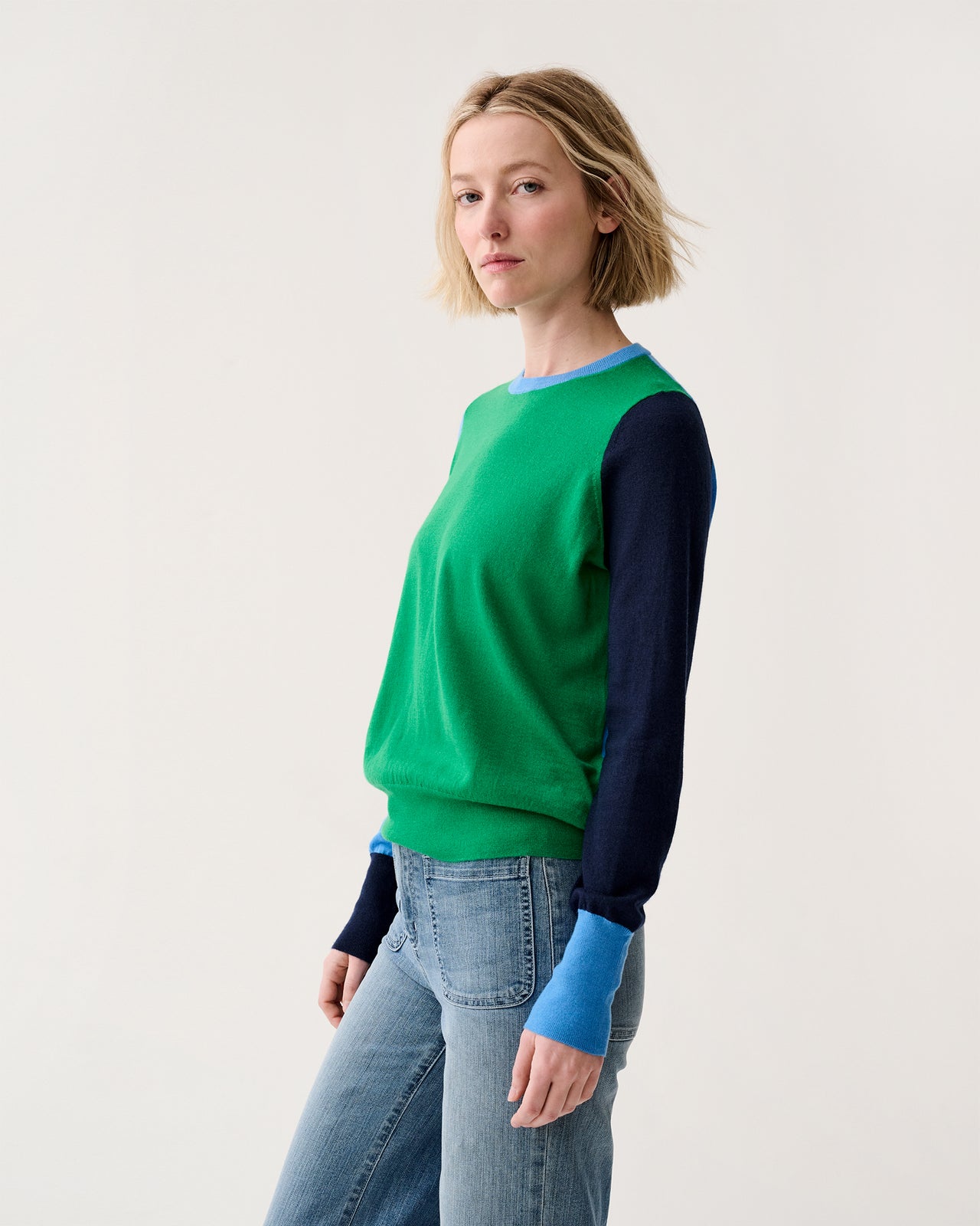 Kit Crewneck Sweater in French Blue/Green/Navy Colorblock Fine Gauge Cashmere