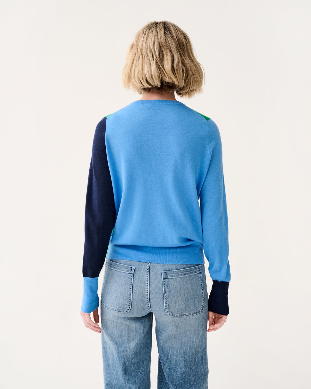 Kit Crewneck Sweater in French Blue/Green/Navy Colorblock Fine Gauge Cashmere