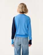 Load image into Gallery viewer, Kit Crewneck Sweater in French Blue/Green/Navy Colorblock Fine Gauge Cashmere
