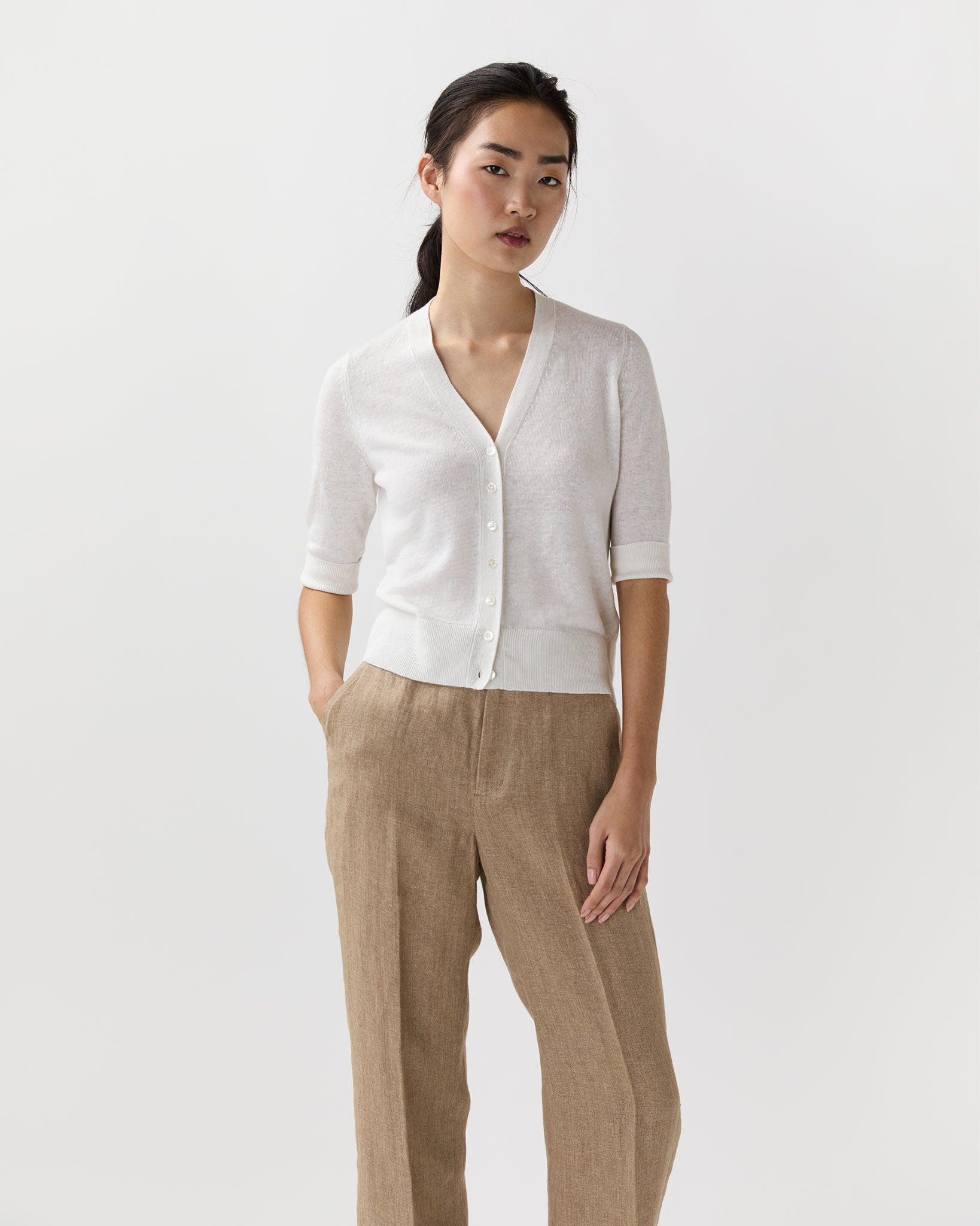 Short-Sleeved Rosie V-Neck Cardigan in Off White Linen | Shop Ann
