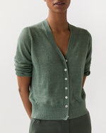 Load image into Gallery viewer, Short-Sleeved Rosie V-Neck Cardigan in Green Linen
