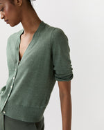 Load image into Gallery viewer, Short-Sleeved Rosie V-Neck Cardigan in Green Linen
