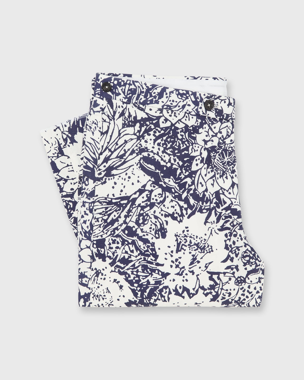 Side-Tab Sport Trouser in Navy Bahamian Hand Printed Cotton