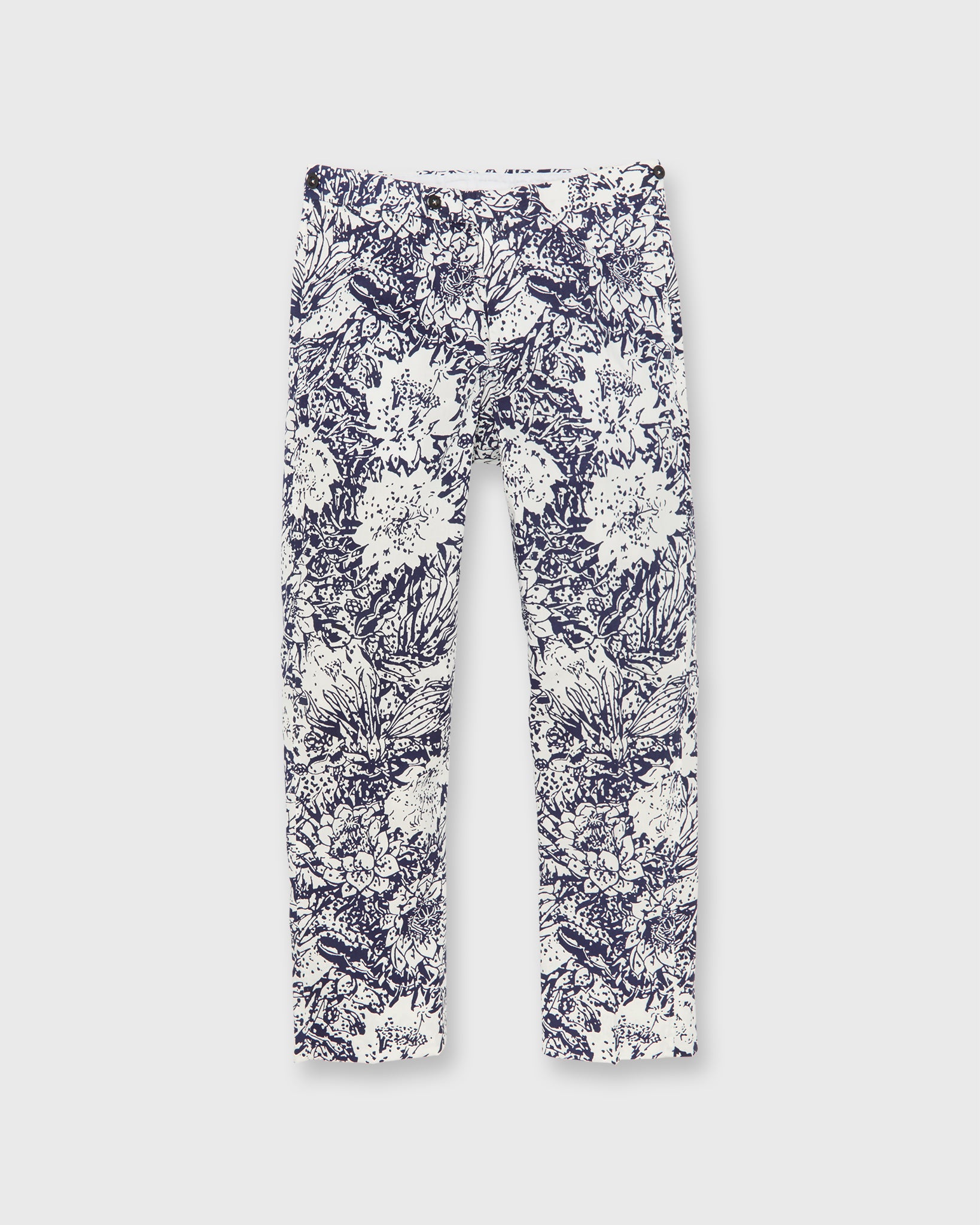 Side-Tab Sport Trouser in Navy Bahamian Hand Printed Cotton | Sid