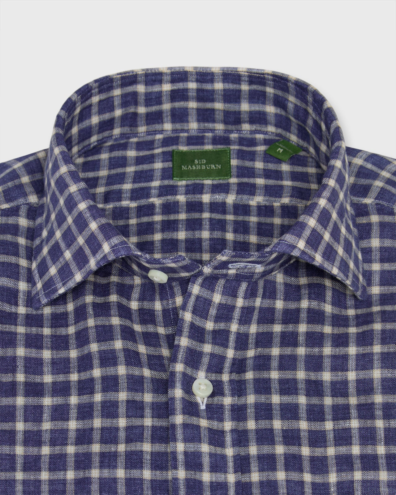 Spread Collar Sport Shirt in Navy/Bone/Khaki Windowpane Linen