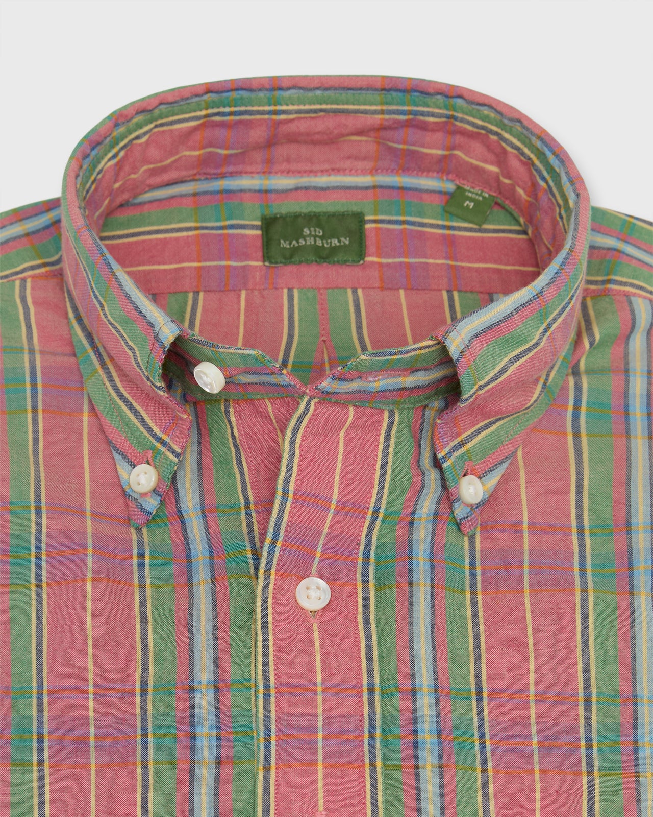 Button-Down Sport Shirt in Coral/Green/Yellow Madras