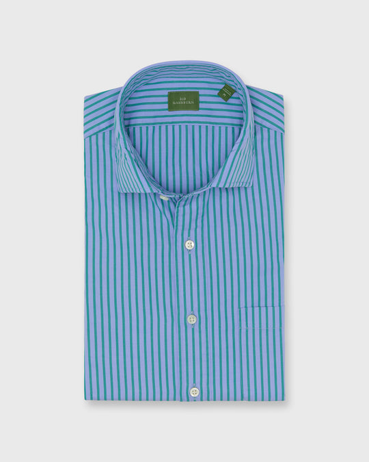 Spread Collar Sport Shirt in Sky/Teal Stripe Poplin