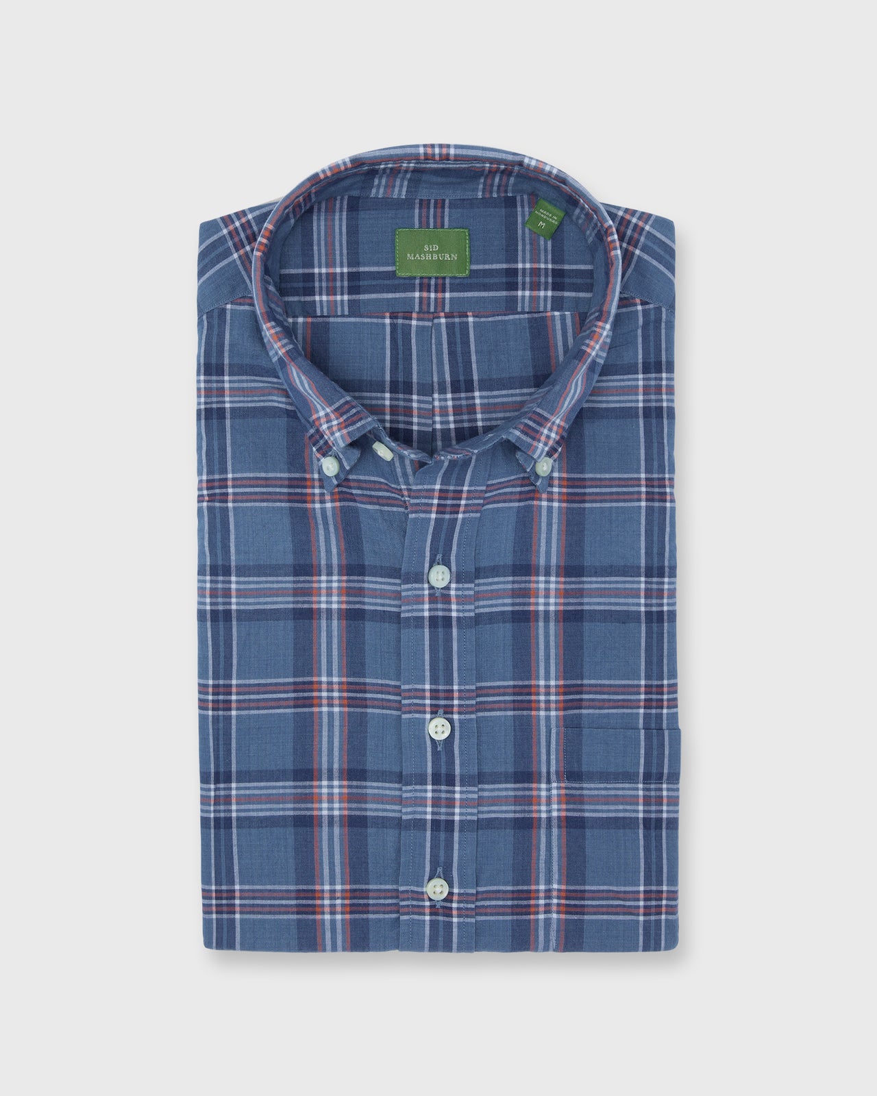 Short-Sleeved Button-Down Popover Sport Shirt in Indigo/Orange/White Madras