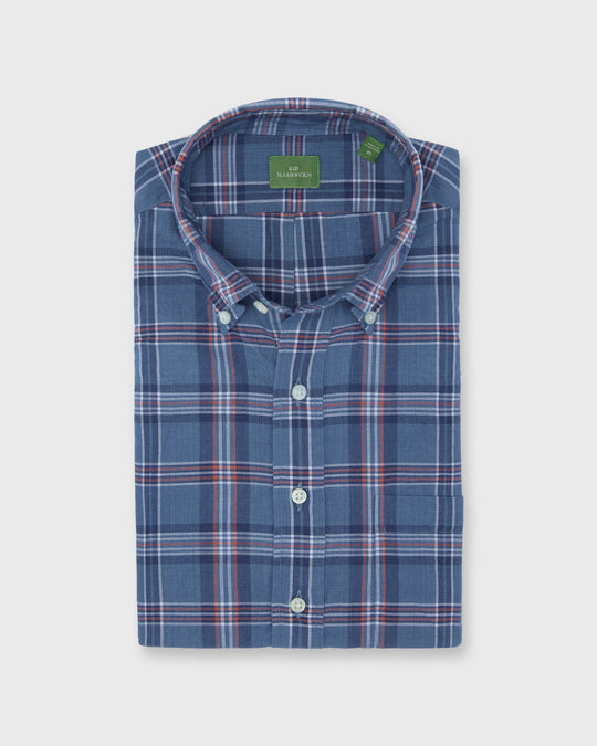 Short-Sleeved Button-Down Popover Sport Shirt in Indigo/Orange/White Madras