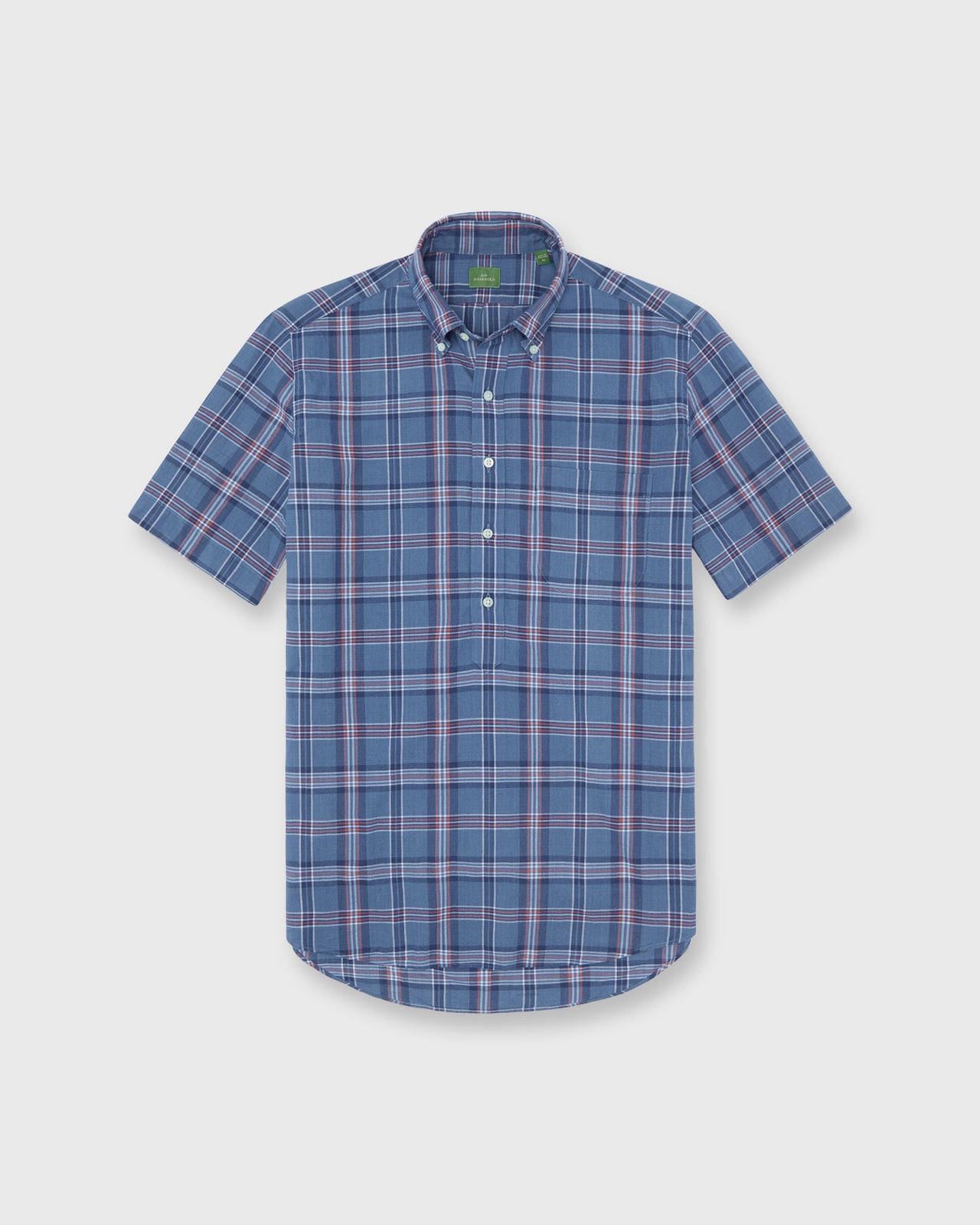 Short-Sleeved Button-Down Popover Sport Shirt in Indigo/Orange/White Madras