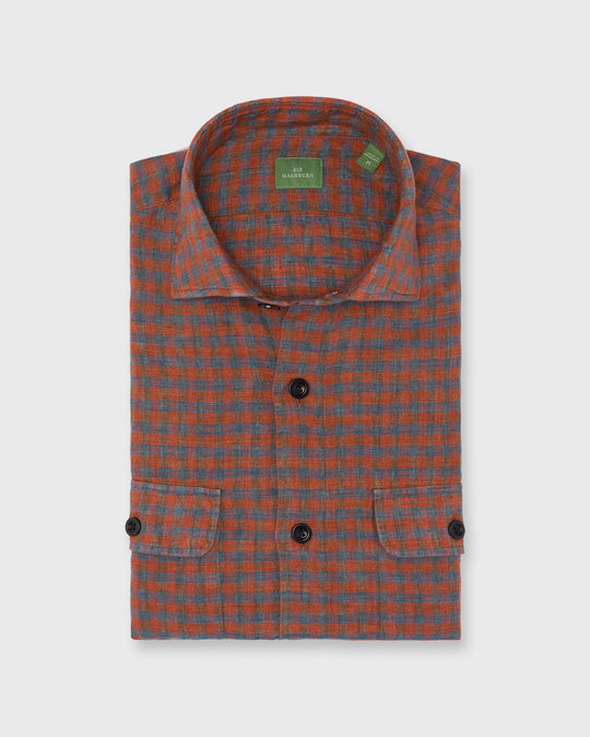 Band-Hem Work Shirt in Red/Blue Gingham Linen
