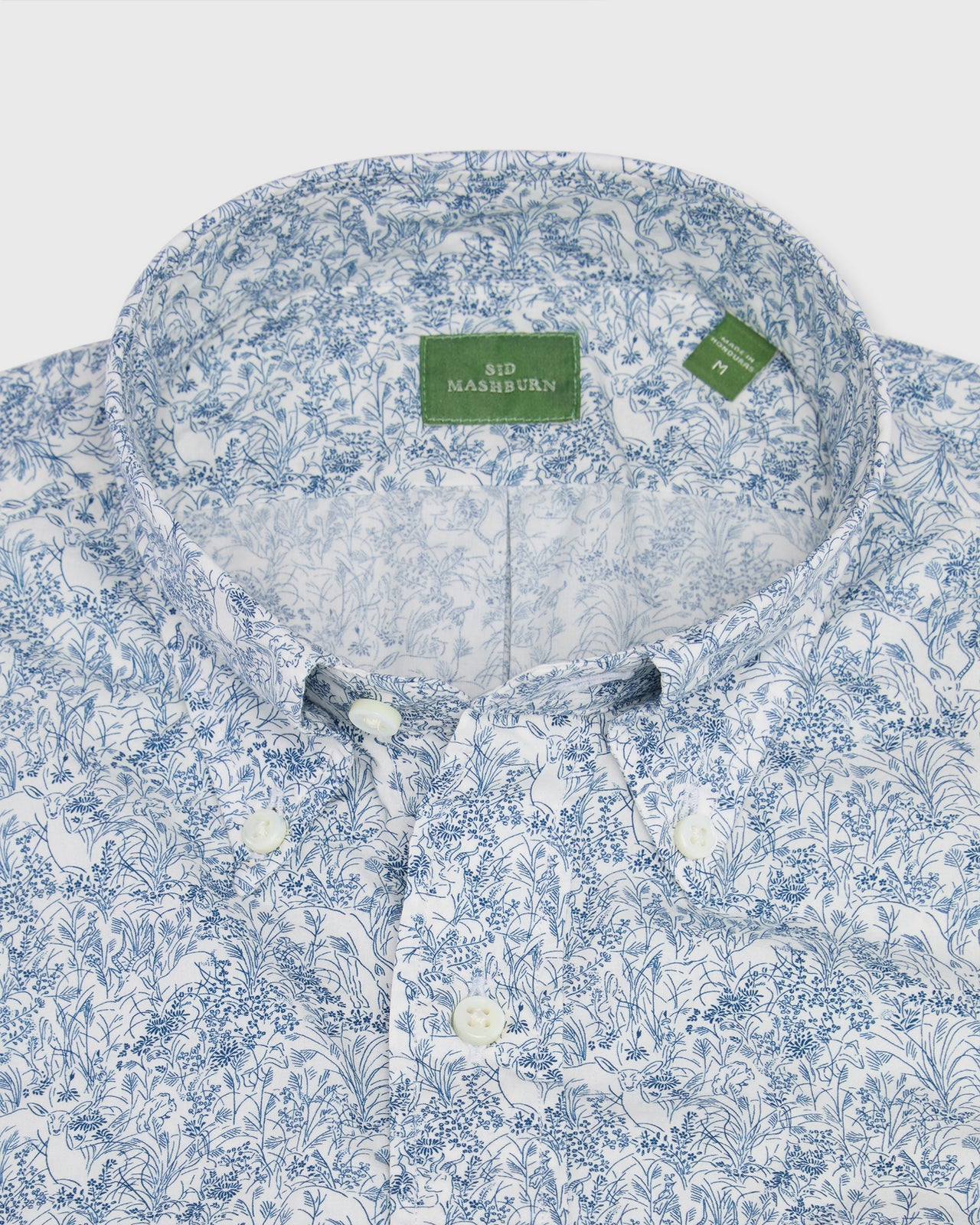 Short-Sleeved Button-Down Sport Shirt in White/Navy Wild Woodland Liberty Fabric