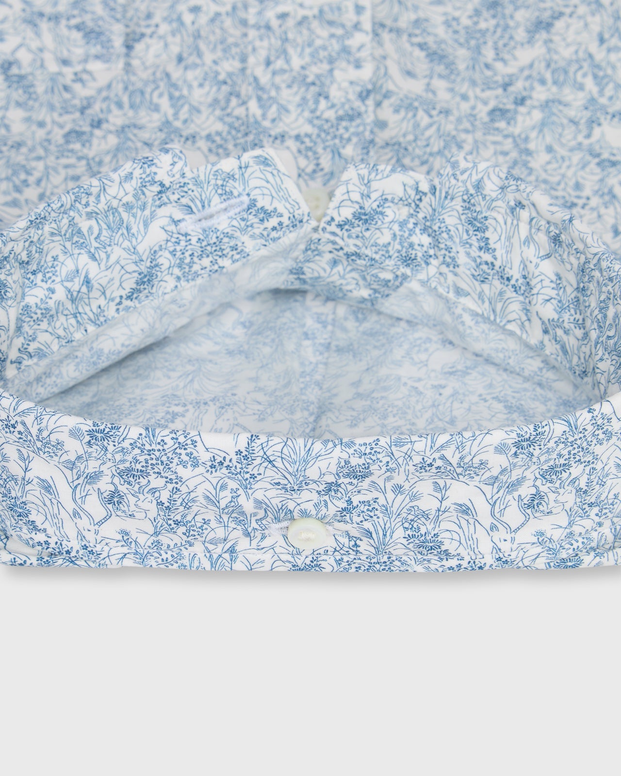 Short-Sleeved Button-Down Sport Shirt in White/Navy Wild Woodland Liberty Fabric