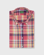 Load image into Gallery viewer, Short-Sleeved Button-Down Sport Shirt in Berry/Yellow/Blue Plaid Cotolino Oxford
