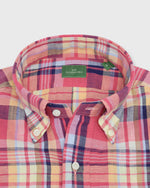 Load image into Gallery viewer, Short-Sleeved Button-Down Sport Shirt in Berry/Yellow/Blue Plaid Cotolino Oxford
