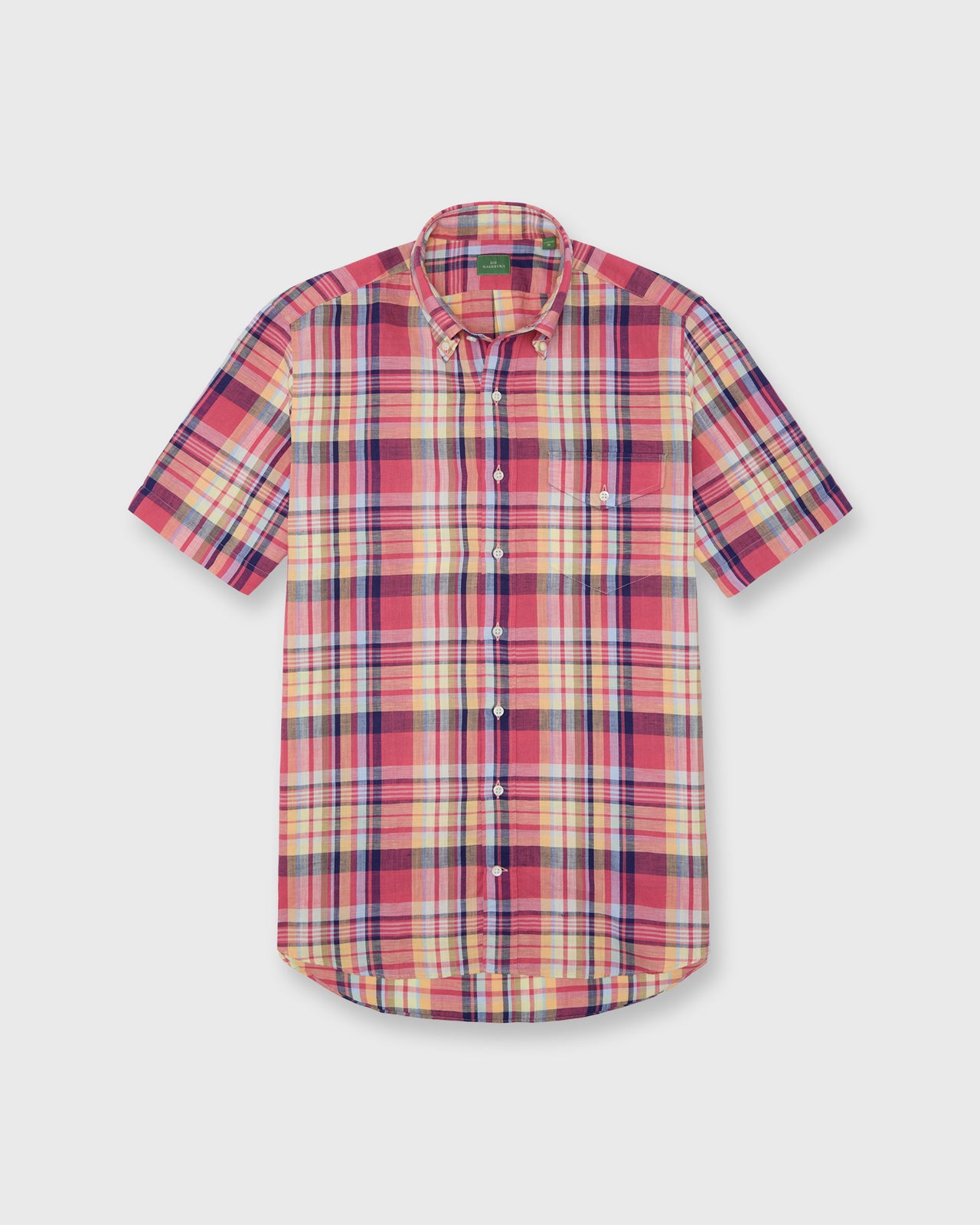 Short-Sleeved Button-Down Sport Shirt in Berry/Yellow/Blue Plaid Cotolino Oxford