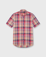 Load image into Gallery viewer, Short-Sleeved Button-Down Sport Shirt in Berry/Yellow/Blue Plaid Cotolino Oxford
