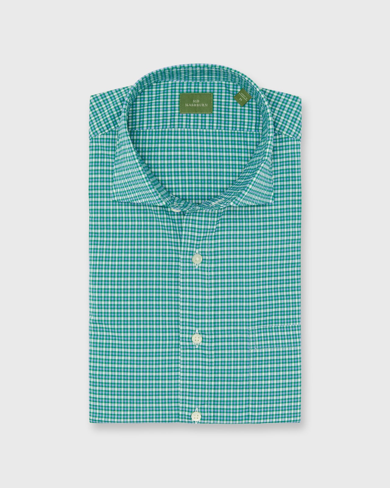 Spread Collar Sport Shirt in Green/Sky/White Check Poplin