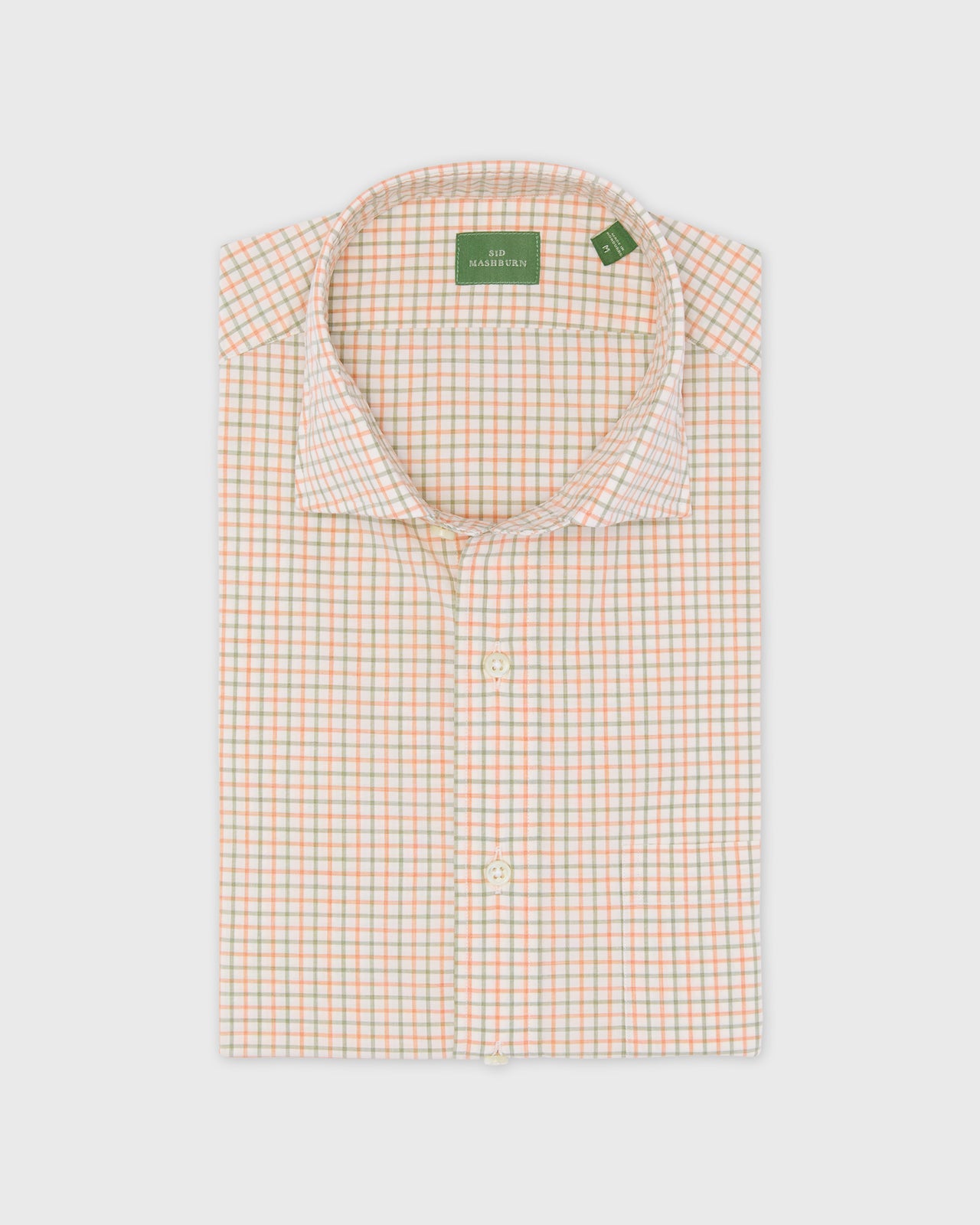 Spread Collar Sport Shirt in Peach/Olive/Bone Tattersall Poplin