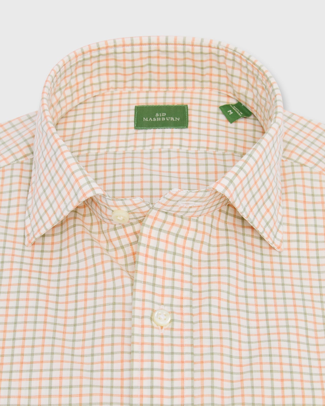 Spread Collar Sport Shirt in Peach/Olive/Bone Tattersall Poplin