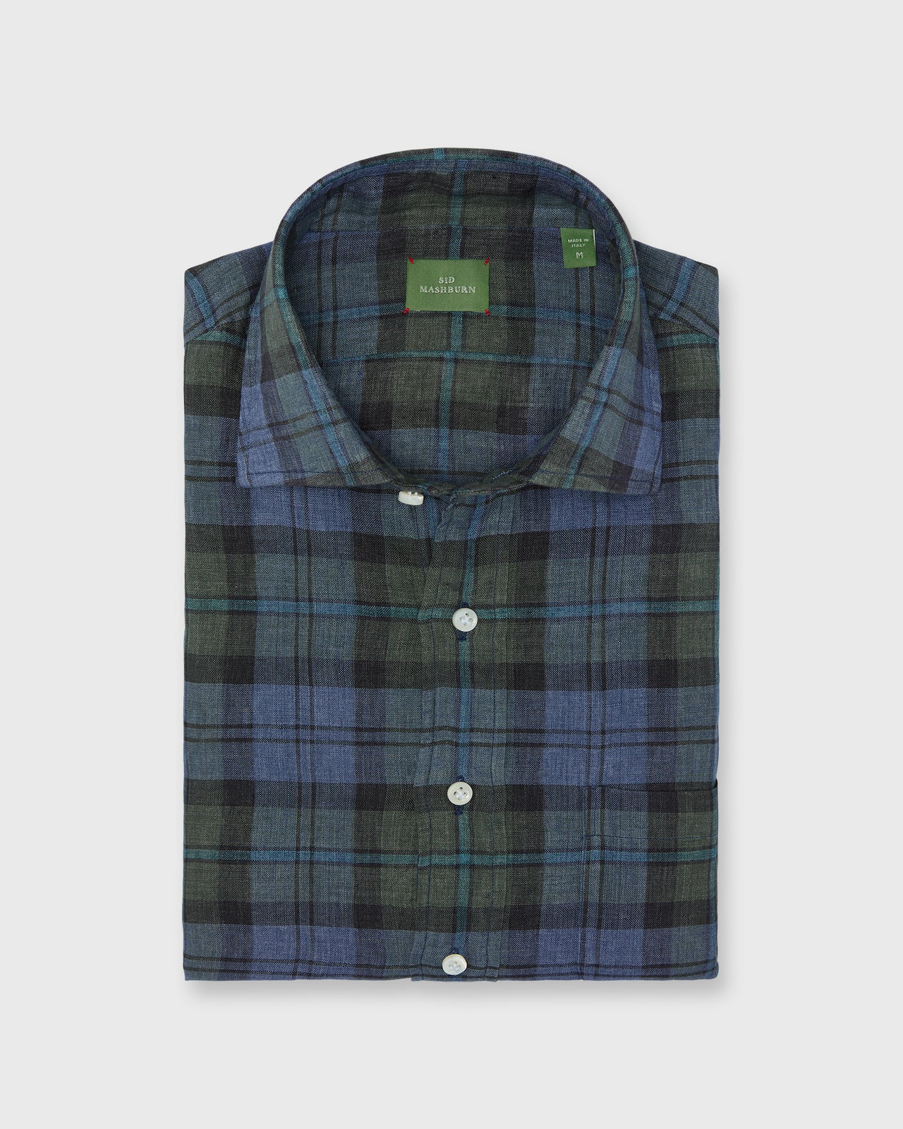 Otto Handmade Sport Shirt in Blue/Olive/Lovat Plaid Linen