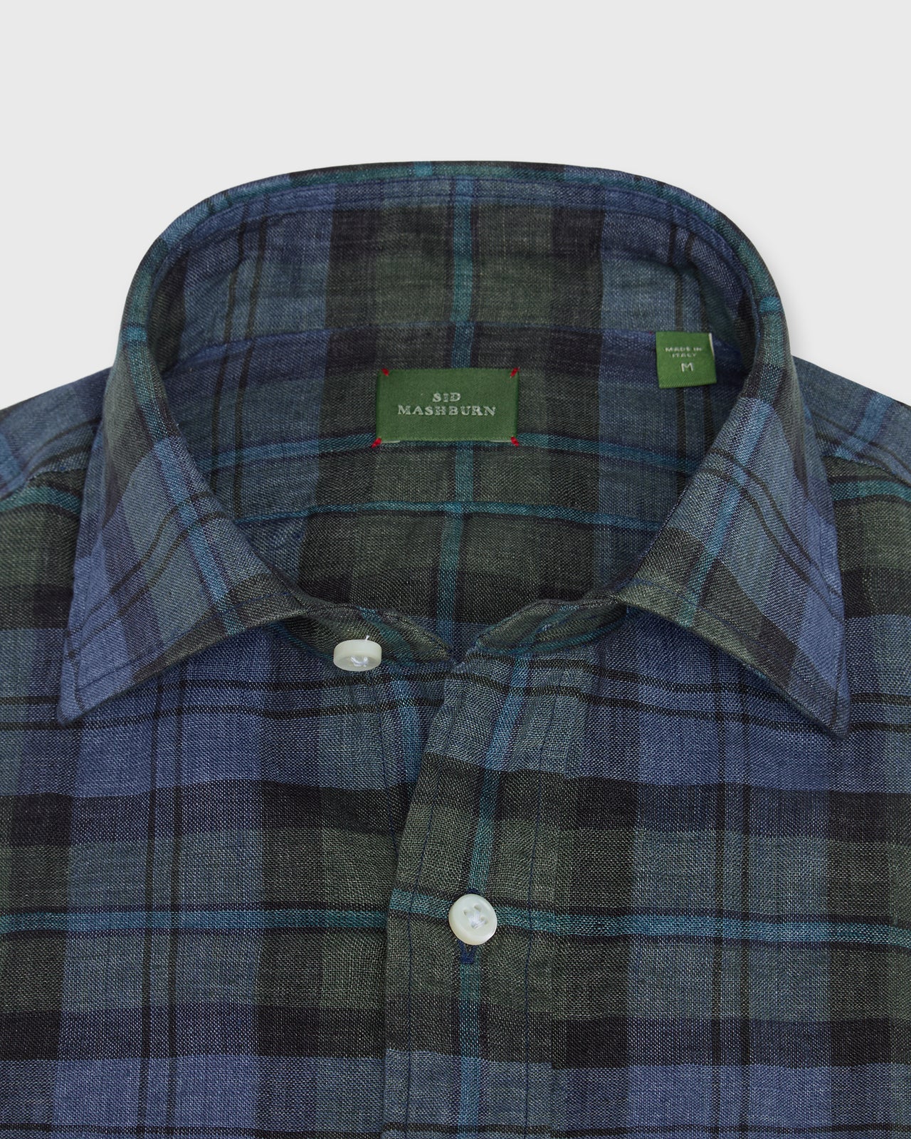 Otto Handmade Sport Shirt in Blue/Olive/Lovat Plaid Linen